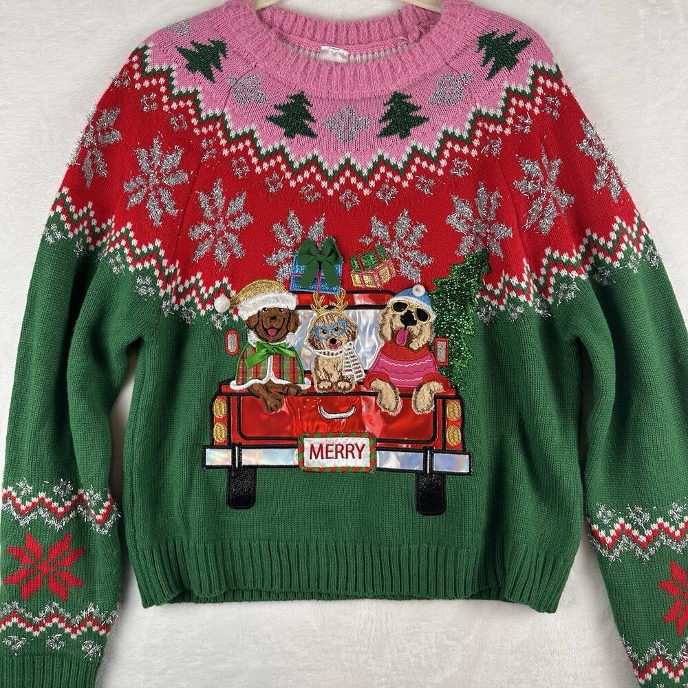 Holiday Time Pink Red Green Festive Dog Themed Fair Isle Christmas Sweater Sz L